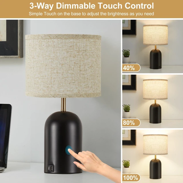 Alt view image 2 of 7 - Touch Control Table Lamps Set of 2, Black Bedside Lamps for Bedroom 18" Modern Dimmable Desk Lamp for Nightstand Living Room Office, with 2 USB Charging Ports, Bulbs Included