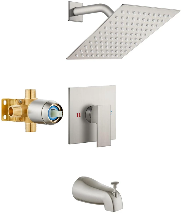 Main image of 8 Inch Shower Faucet Set,Bathtub Faucet Kit,Brushed Nickel Shower Tub Faucet Set,Male Threads Rough-In Valve,Square Head Shower System