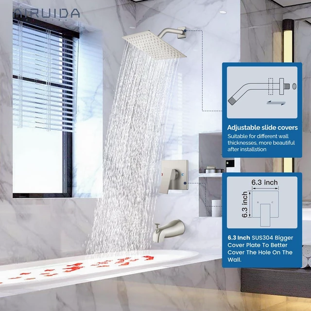 Alt view image 3 of 7 - 8 Inch Shower Faucet Set,Bathtub Faucet Kit,Brushed Nickel Shower Tub Faucet Set,Male Threads Rough-In Valve,Square Head Shower System