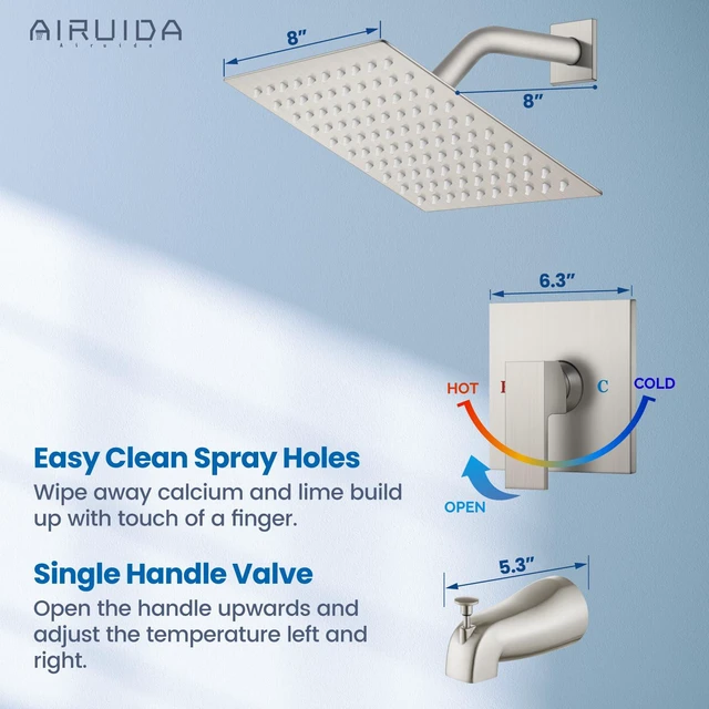 Alt view image 4 of 7 - 8 Inch Shower Faucet Set,Bathtub Faucet Kit,Brushed Nickel Shower Tub Faucet Set,Male Threads Rough-In Valve,Square Head Shower System