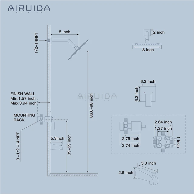 Alt view image 6 of 7 - 8 Inch Shower Faucet Set,Bathtub Faucet Kit,8 Inch-Chrome Polish Shower Tub Faucet Set,Male Threads Rough-In Valve,Square Head Shower System