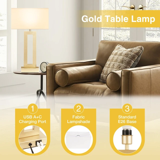 Alt view image 4 of 7 - 22" Tall Touch Lamps for Nightstand with USB C+A, 3 Way Dimmable Gold Lamp 3 Way Dimmable, USB-C & USB-A Ports, White & Gold Finish, Modern Desk Lamp for Living Room, Desk, Bed Side, End Tables