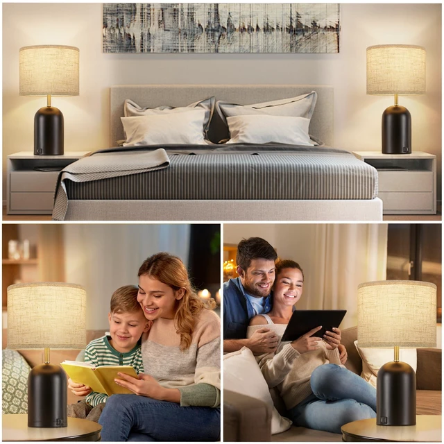 Alt view image 6 of 7 - Touch Control Table Lamps Set of 2, Black Bedside Lamps for Bedroom 18" Modern Dimmable Desk Lamp for Nightstand Living Room Office, with 2 USB Charging Ports, Bulbs Included