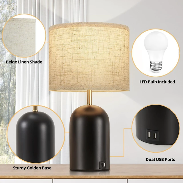 Alt view image 7 of 7 - Touch Control Table Lamps Set of 2, Black Bedside Lamps for Bedroom 18" Modern Dimmable Desk Lamp for Nightstand Living Room Office, with 2 USB Charging Ports, Bulbs Included