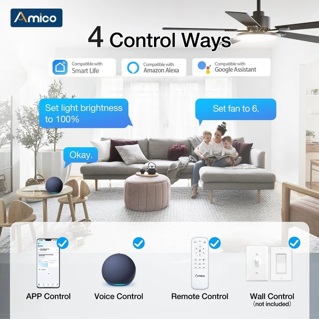 Alt view image 2 of 7 - 52 Inch Smart Ceiling Fans with Lights, Downrod Mount, Black Compatible with Alexa/Remote/App, Sloped, 6 Speeds, Dimmable 3CCT, Quiet Reversible DC Motor, Timer, Bedroom, Living room