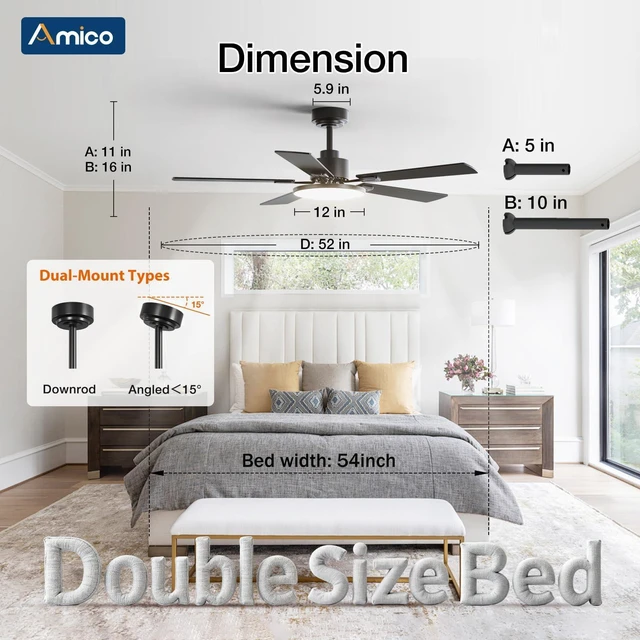 Alt view image 4 of 7 - 52 Inch Smart Ceiling Fans with Lights, Downrod Mount, Black Compatible with Alexa/Remote/App, Sloped, 6 Speeds, Dimmable 3CCT, Quiet Reversible DC Motor, Timer, Bedroom, Living room