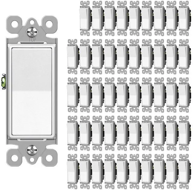 Main image of Matte White 50 Pack Decorator Single Pole Light Switch, UL Listed