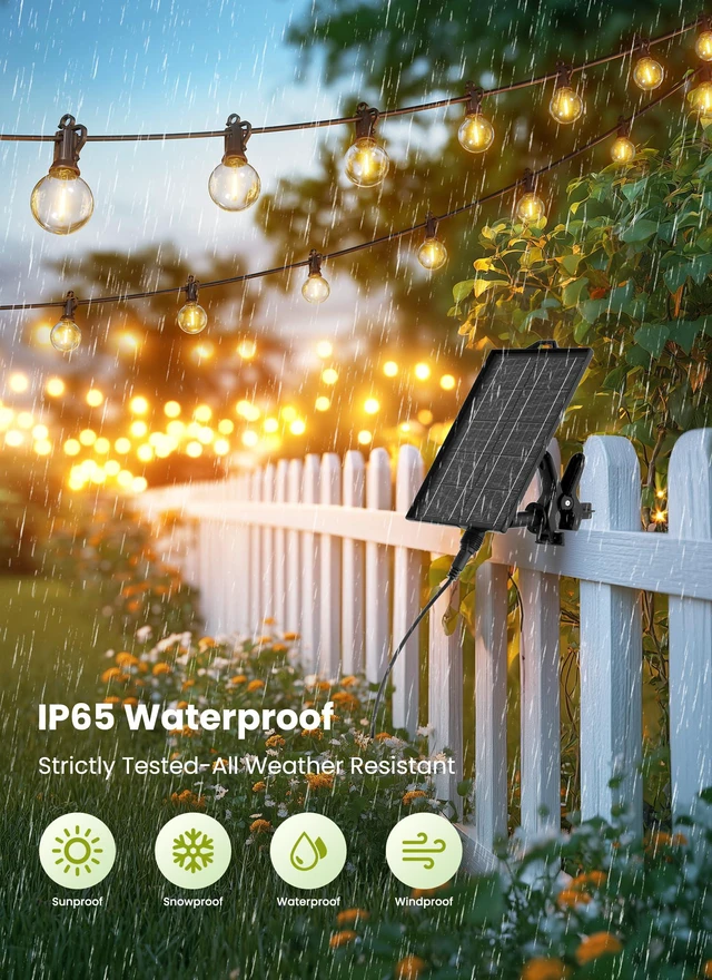 Alt view image 2 of 7 - 106FT Solar String Lights Outdoor, IP65 Waterproof, Remote, Timer Patio Lights with 33 LED Shatterproof Bulbs, 3 Light Modes, Dimmable, Outside Light for Backyard Porch Yard Party Xmas Decor