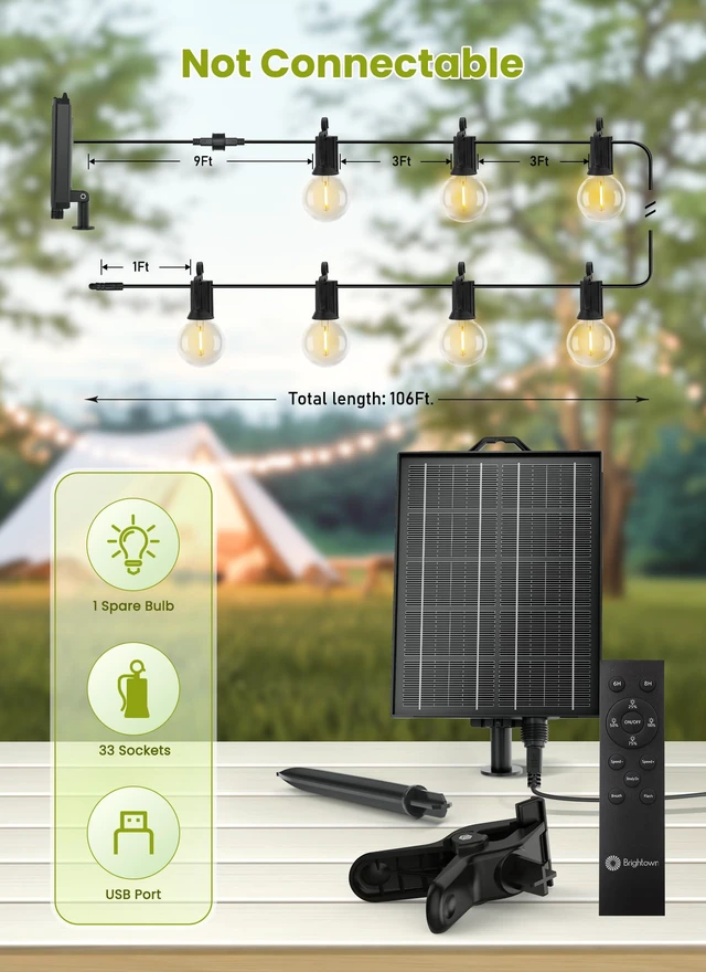 Alt view image 6 of 7 - 106FT Solar String Lights Outdoor, IP65 Waterproof, Remote, Timer Patio Lights with 33 LED Shatterproof Bulbs, 3 Light Modes, Dimmable, Outside Light for Backyard Porch Yard Party Xmas Decor