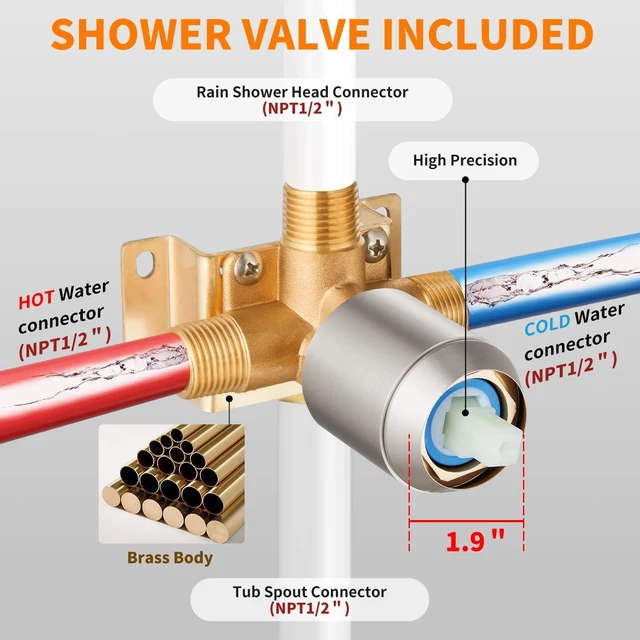 Alt view image 7 of 7 - Tub Shower Faucet Set With Head & Spout Brush Wall Mounted Shower System Valve Include 2 Functions