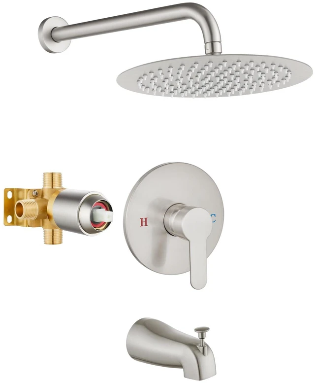Main image of Shower Faucet Set with Tub Spout,10" Bathtub Faucet-Brushed Nickel Male Threads Rough-In Valve,Round Head Shower System,Tub and Shower Kit Set