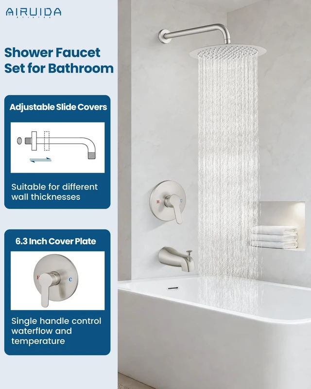 Alt view image 2 of 7 - Shower Faucet Set with Tub Spout,10" Bathtub Faucet-Brushed Nickel Male Threads Rough-In Valve,Round Head Shower System,Tub and Shower Kit Set