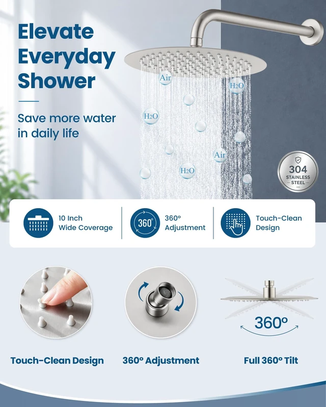Alt view image 4 of 7 - Shower Faucet Set with Tub Spout,10" Bathtub Faucet-Brushed Nickel Male Threads Rough-In Valve,Round Head Shower System,Tub and Shower Kit Set