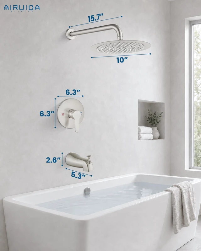 Alt view image 7 of 7 - Shower Faucet Set with Tub Spout,10" Bathtub Faucet-Brushed Nickel Male Threads Rough-In Valve,Round Head Shower System,Tub and Shower Kit Set