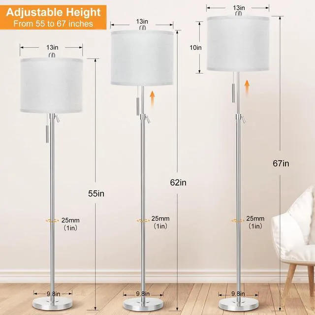 Alt view image 2 of 6 - Brushed Nickel Floor Lamp for Living Room, Adjustable Height Standing Lamp, Tall Pole Light with Grey Shade for Bedroom, 8W 4000K 3-Way LED Bulb Included (Brushed Nickel, Grey Shade)