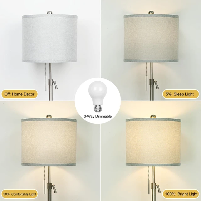 Alt view image 3 of 6 - Brushed Nickel Floor Lamp for Living Room, Adjustable Height Standing Lamp, Tall Pole Light with Grey Shade for Bedroom, 8W 4000K 3-Way LED Bulb Included (Brushed Nickel, Grey Shade)