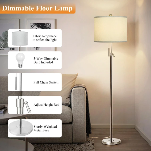 Alt view image 4 of 6 - Brushed Nickel Floor Lamp for Living Room, Adjustable Height Standing Lamp, Tall Pole Light with Grey Shade for Bedroom, 8W 4000K 3-Way LED Bulb Included (Brushed Nickel, Grey Shade)