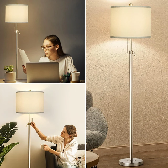 Alt view image 6 of 6 - Brushed Nickel Floor Lamp for Living Room, Adjustable Height Standing Lamp, Tall Pole Light with Grey Shade for Bedroom, 8W 4000K 3-Way LED Bulb Included (Brushed Nickel, Grey Shade)