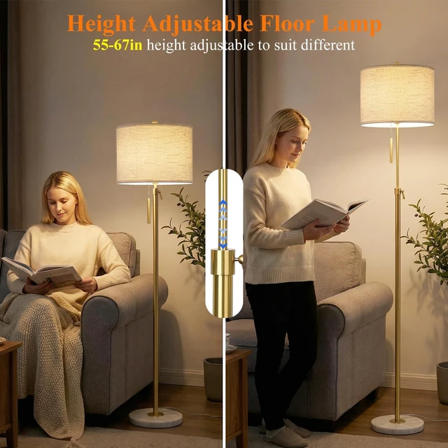 Alt view image 2 of 7 - Gold Floor Lamps for Living Room, 55"-67" Height Adjustable Modern Tall Lamp, 3-Way Dimmable Standing Lamp for Bedroom Office Reading Corner Home Decor, New House Warming Gifts