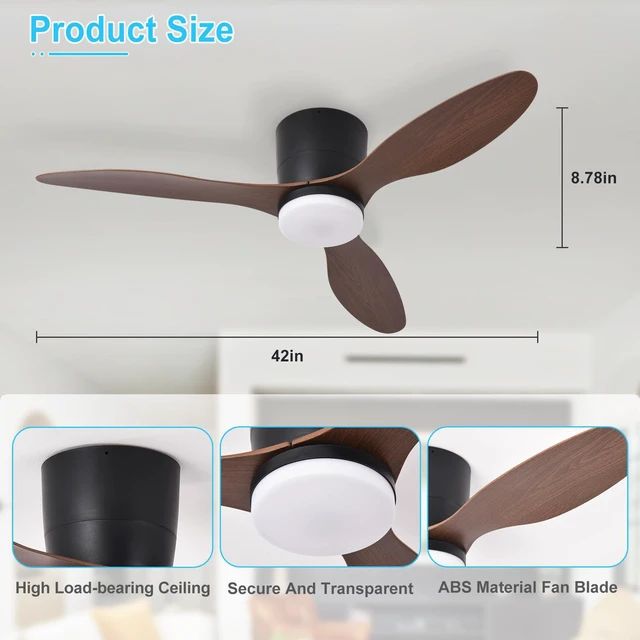 Alt view image 6 of 7 - Flush Mount Ceiling Fan: 42-Inch Black Ceiling Fans with Lights for Bedroom Indoor Outdoor - Low Profile Ceiling Fans with Remote Control 24W 3CCT Dimmable 3 Reversible Walnut Blades 6 Speeds
