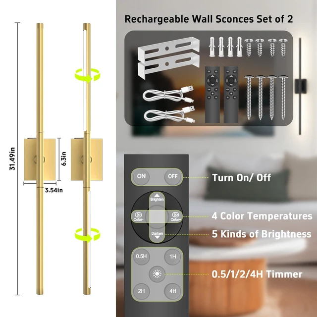 Alt view image 2 of 7 - Battery Operated Wall Sconces Set of 2, 10000mAh, Gold remote control and 360° rotation, for picture display TV wall mirror bedroom or living room home decor