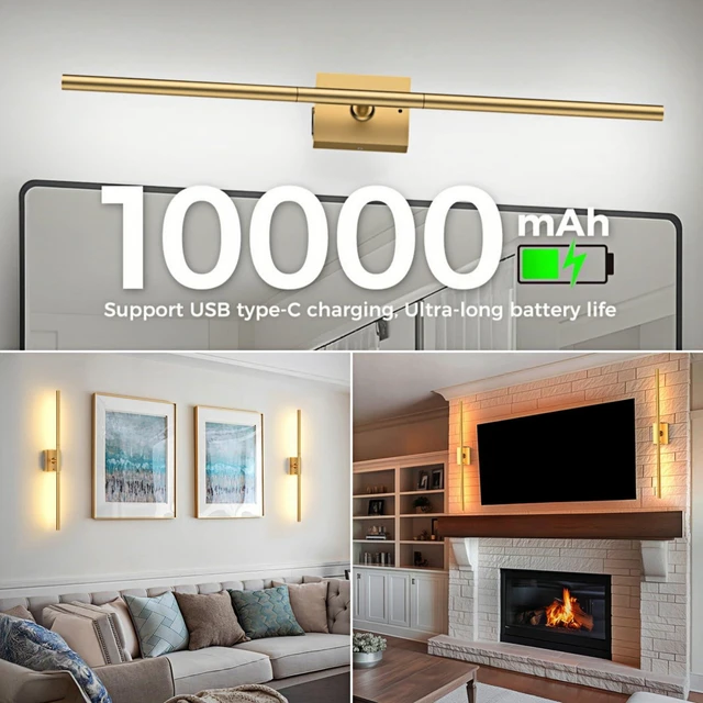 Alt view image 6 of 7 - Battery Operated Wall Sconces Set of 2, 10000mAh, Gold remote control and 360° rotation, for picture display TV wall mirror bedroom or living room home decor