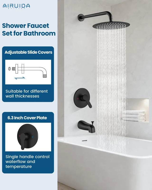 Alt view image 2 of 7 - Shower Faucet Set with Tub Spout,10" Bathtub Faucet-Matte Black Male Threads Rough-In Valve,Round Head Shower System,Tub and Shower Kit Set
