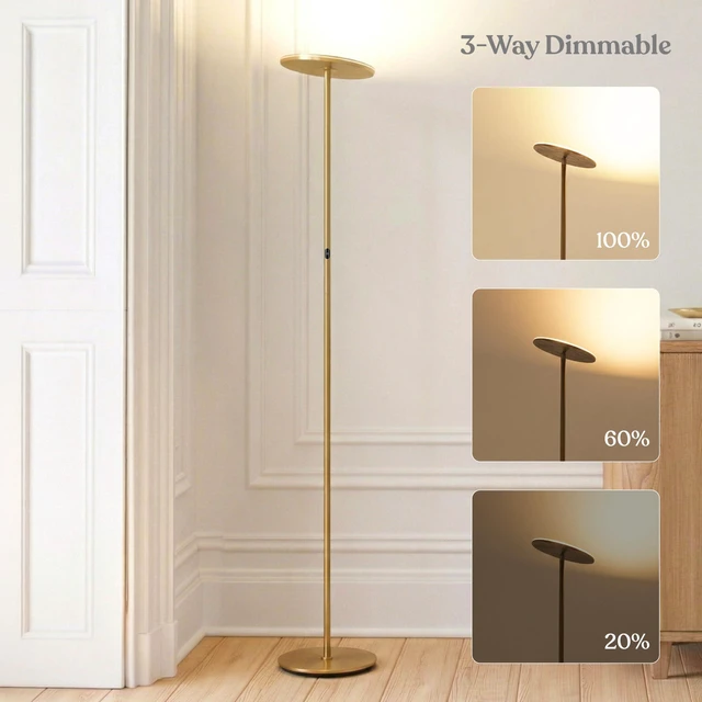 Alt view image 3 of 7 - Sky LED Floor lamp, Torchiere Super Bright Floor Lamp for Living Room Decor & Office - Dimmable, Tall Standing Torch Lamp with Warm Light for Bedroom & Reading - Gold Brass