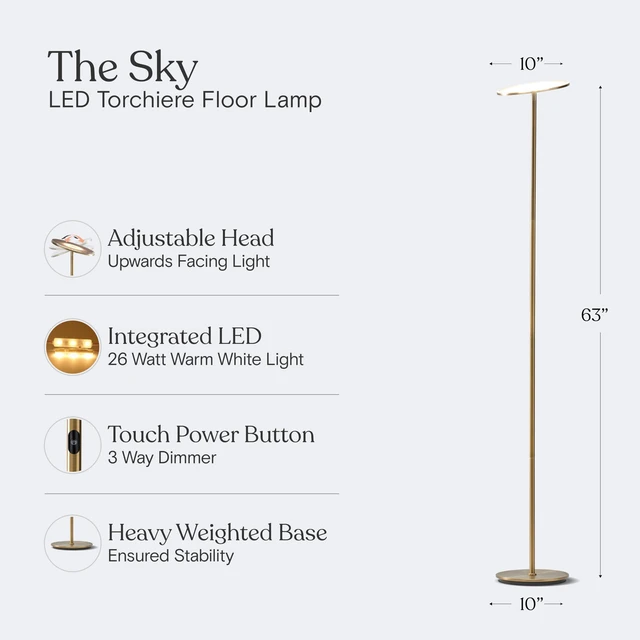 Alt view image 5 of 7 - Sky LED Floor lamp, Torchiere Super Bright Floor Lamp for Living Room Decor & Office - Dimmable, Tall Standing Torch Lamp with Warm Light for Bedroom & Reading - Gold Brass