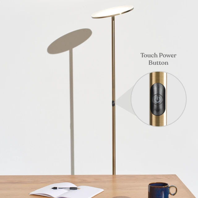 Alt view image 6 of 7 - Sky LED Floor lamp, Torchiere Super Bright Floor Lamp for Living Room Decor & Office - Dimmable, Tall Standing Torch Lamp with Warm Light for Bedroom & Reading - Gold Brass