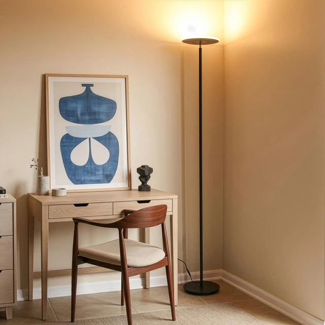 Alt view image 2 of 7 - Sky LED Floor lamp, Torchiere Super Bright Floor Lamp for Living Room Decor & Office - Dimmable, Tall Standing Torch Lamp with Warm Light for Bedroom & Reading - Black