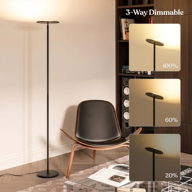 Alt view image 3 of 7 - Sky LED Floor lamp, Torchiere Super Bright Floor Lamp for Living Room Decor & Office - Dimmable, Tall Standing Torch Lamp with Warm Light for Bedroom & Reading - Black