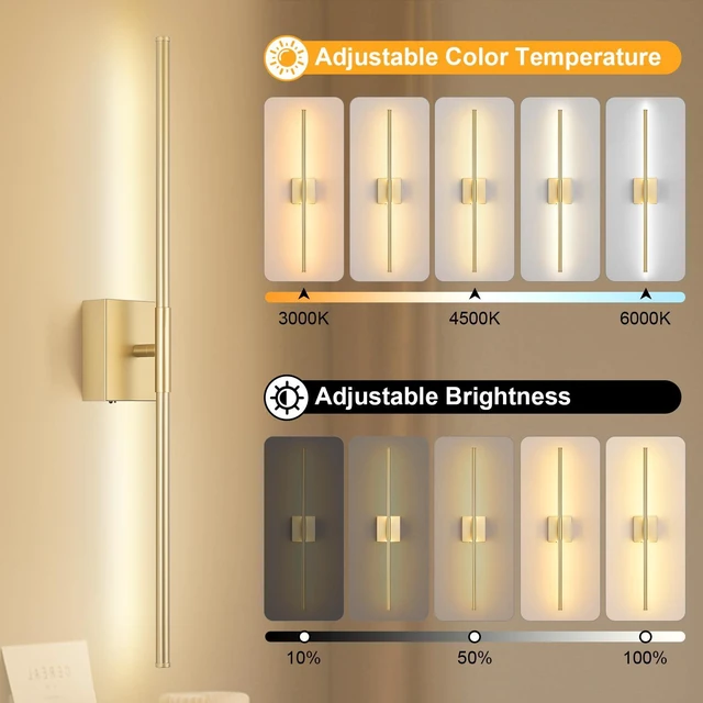 Alt view image 3 of 7 - Battery Operated Wall Sconce Set of Two with Remote Control, 3000K-6000K Dimmable Gold Wall Lights, Timable LED Wireless Wall Sconces, 350° Ratate for Bathroom, Living Room, Hallway 29.1 Inch