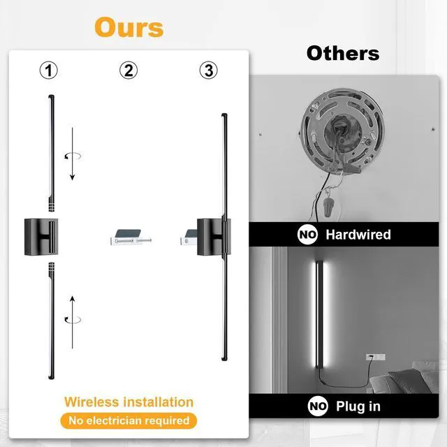Alt view image 2 of 7 - Battery Operated Wall Sconce Set of Two with Remote Control, 3000K-6000K Dimmable Gold Wall Lights, Timable LED Wireless Wall Sconces, 350° Ratate for Bathroom, Living Room, Hallway 29.1 Inch