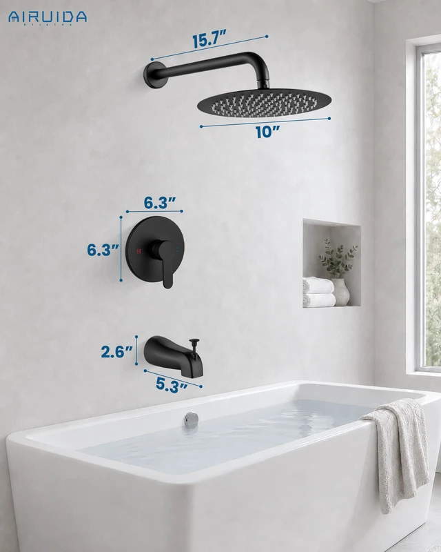 Alt view image 7 of 7 - Shower Faucet Set with Tub Spout,10" Bathtub Faucet-Matte Black Male Threads Rough-In Valve,Round Head Shower System,Tub and Shower Kit Set