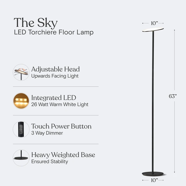 Alt view image 4 of 7 - Sky LED Floor lamp, Torchiere Super Bright Floor Lamp for Living Room Decor & Office - Dimmable, Tall Standing Torch Lamp with Warm Light for Bedroom & Reading - Black