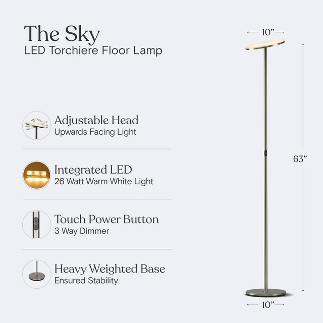 Alt view image 5 of 7 - Sky LED Floor lamp, Torchiere Super Bright Floor Lamp for Living Room Decor & Office - Dimmable, Tall Standing Lamp with Warm Light for Bedroom & Reading - Brushed Nickel