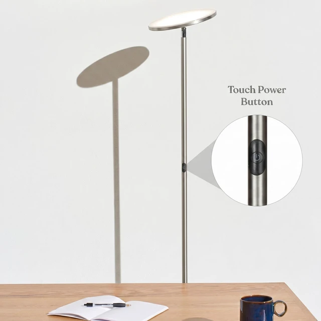 Alt view image 6 of 7 - Sky LED Floor lamp, Torchiere Super Bright Floor Lamp for Living Room Decor & Office - Dimmable, Tall Standing Lamp with Warm Light for Bedroom & Reading - Brushed Nickel
