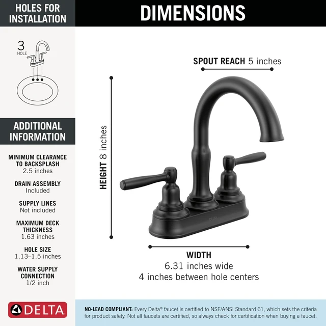 Alt view image 5 of 7 - Roe Centerset Matte Black Bathroom Faucet, 4 Inch 3 Hole Bathroom Sink Faucet for Vanity, Push-Pop Drain Assembly, Matte Black 25985LF-BL