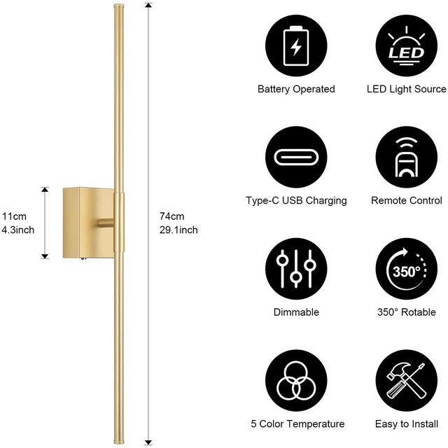 Alt view image 4 of 7 - Battery Operated Wall Sconce Set of Two with Remote Control, 3000K-6000K Dimmable Gold Wall Lights, Timable LED Wireless Wall Sconces, 350° Ratate for Bathroom, Living Room, Hallway 29.1 Inch