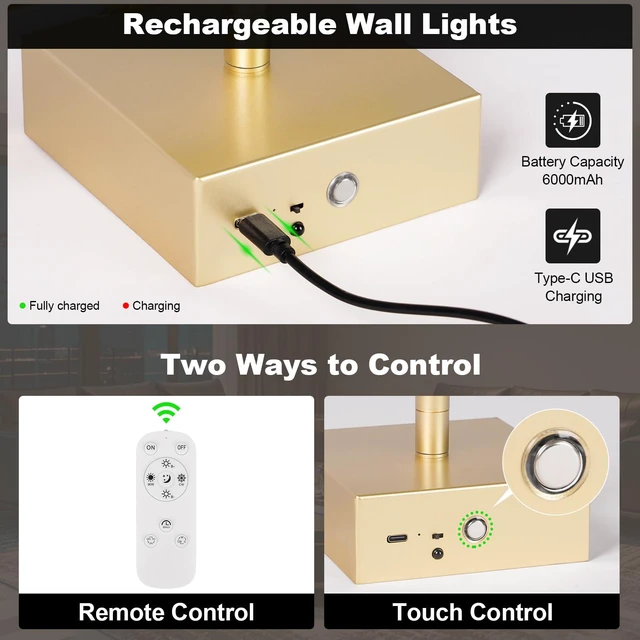Alt view image 5 of 7 - Battery Operated Wall Sconce Set of Two with Remote Control, 3000K-6000K Dimmable Gold Wall Lights, Timable LED Wireless Wall Sconces, 350° Ratate for Bathroom, Living Room, Hallway 29.1 Inch