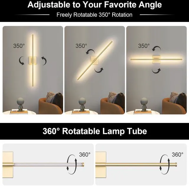 Alt view image 6 of 7 - Battery Operated Wall Sconce Set of Two with Remote Control, 3000K-6000K Dimmable Gold Wall Lights, Timable LED Wireless Wall Sconces, 350° Ratate for Bathroom, Living Room, Hallway 29.1 Inch
