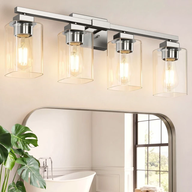 Main image of 27 Bathroom Light Fixtures,4-Light Vanity Light Brushed Nickel Square Clear Glass & Durable Metal, Quick & Easy Installation, Standard E26 Socket, Bright Bathroom Lighting