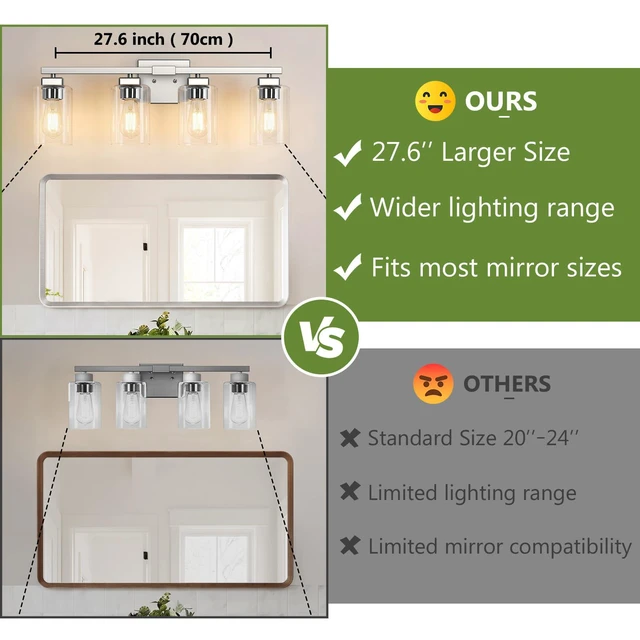 Alt view image 2 of 7 - 27 Bathroom Light Fixtures,4-Light Vanity Light Brushed Nickel Square Clear Glass & Durable Metal, Quick & Easy Installation, Standard E26 Socket, Bright Bathroom Lighting