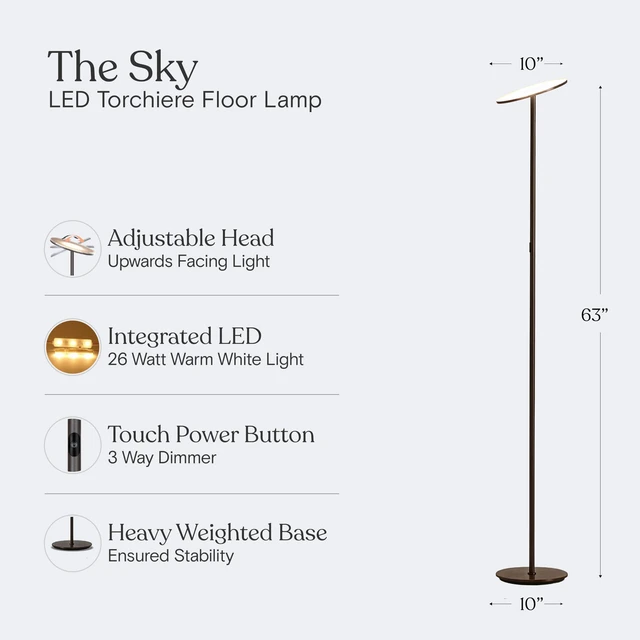 Alt view image 6 of 7 - Sky LED Floor lamp, Torchiere Super Bright Floor Lamp for Living Room Decor & Office - Dimmable, Tall Standing Lamp with Warm Light for Bedroom & Reading - Bronze