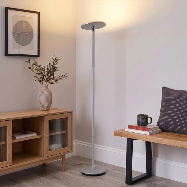 Alt view image 2 of 7 - Sky LED Floor lamp, Torchiere Super Bright Floor Lamp for Living Room Decor & Office - Dimmable, Tall Standing Torch Lamp with Warm Light for Bedroom & Reading - Platinum Silver