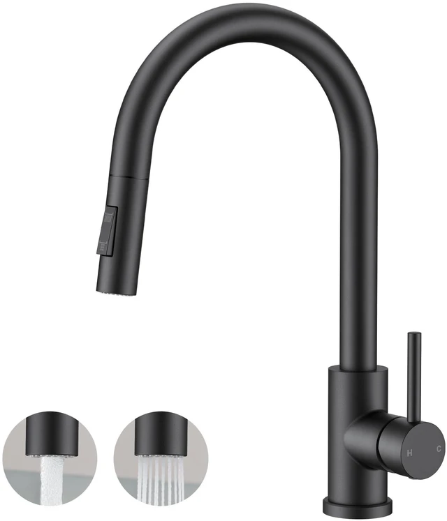 Main image of Kitchen Faucet, 2-Mode Pull Down Sprayer, Classic Matte Black Lead-Free, Stainless Steel, Single Handle, 1 Hole Sink Faucet with Deck Plate, Fit for RV Bar Farmhouse Laundry Outdoor
