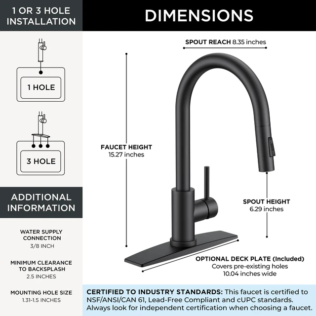 Alt view image 2 of 7 - Kitchen Faucet, 2-Mode Pull Down Sprayer, Classic Matte Black Lead-Free, Stainless Steel, Single Handle, 1 Hole Sink Faucet with Deck Plate, Fit for RV Bar Farmhouse Laundry Outdoor