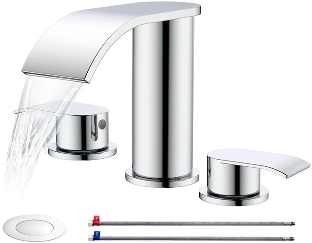 Main image of 8 inch Bathroom Faucet Chrome, Waterfall Bathroom Faucet with Metal Pop-up Sink Drain Stopper and 2 Supply Hoses,2 Handle Widespread Faucets for Vanity Sink 3 Holes
