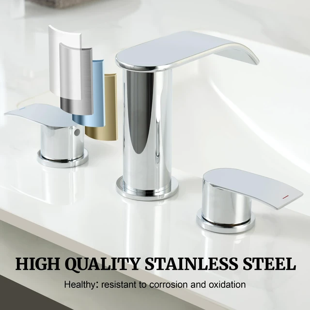 Alt view image 3 of 7 - 8 inch Bathroom Faucet Chrome, Waterfall Bathroom Faucet with Metal Pop-up Sink Drain Stopper and 2 Supply Hoses,2 Handle Widespread Faucets for Vanity Sink 3 Holes